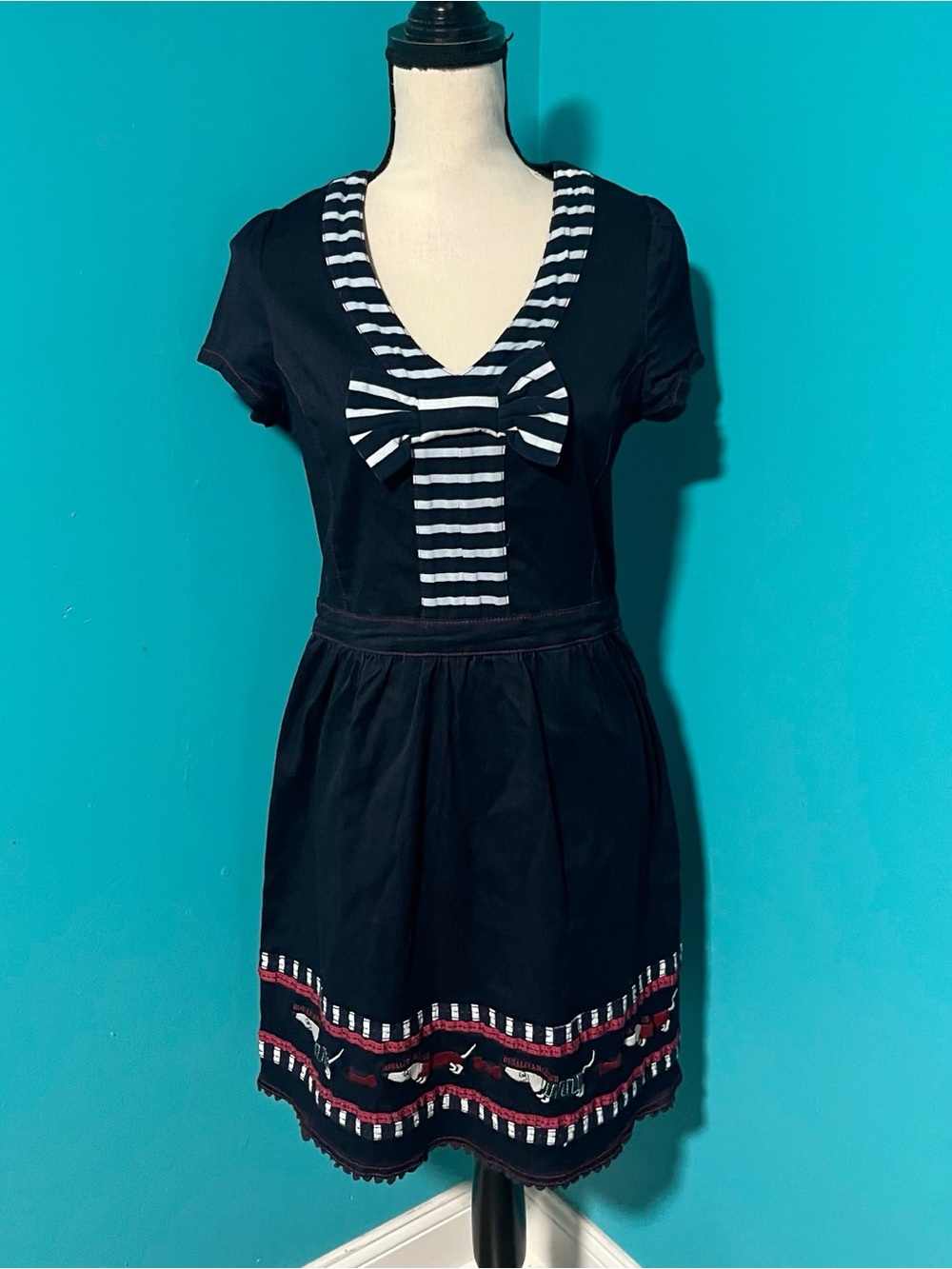 Rosalita McGee S Navy Blue Navy Style Striped Short Sleeve Sailor Dress Nautical